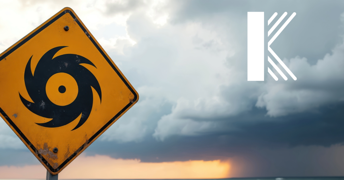 Storm warning sign against dark storm clouds, symbolizing the start of Louisiana's peak hurricane season