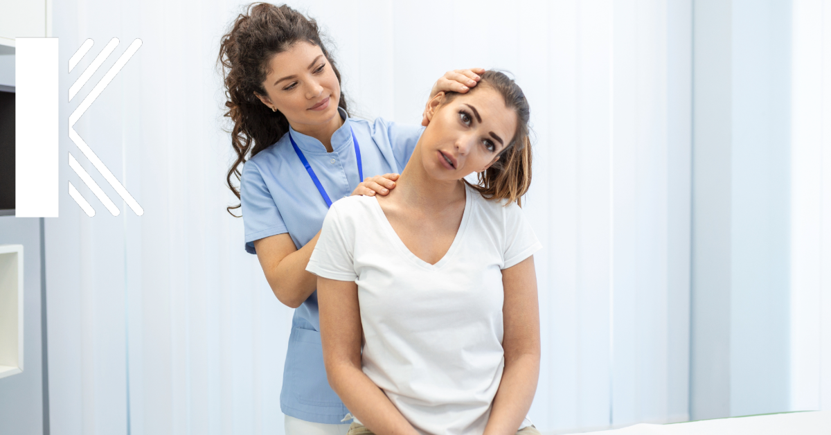 A female chiropractor gently adjusting the neck of a patient during a treatment session in a well-lit clinic room, with the Kastner Insurance logo in the corner.