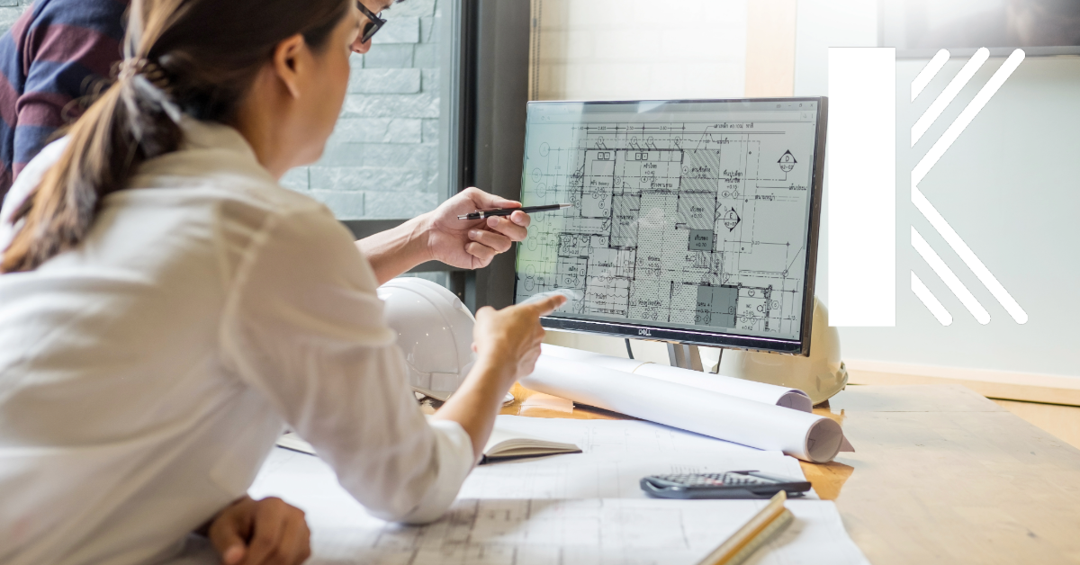 architect looking over computer blueprints with Kastner Logo displayed