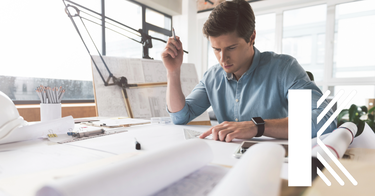 architect in New Orleans drafting plans with Kastner logo in bottom right corner