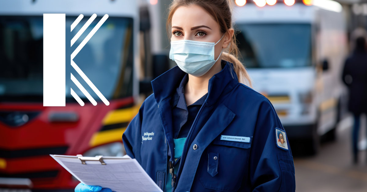 A healthcare worker wearing a medical mask and blue uniform holds a clipboard, standing in front of emergency vehicles. She is prepared for her duties at an urgent care center.