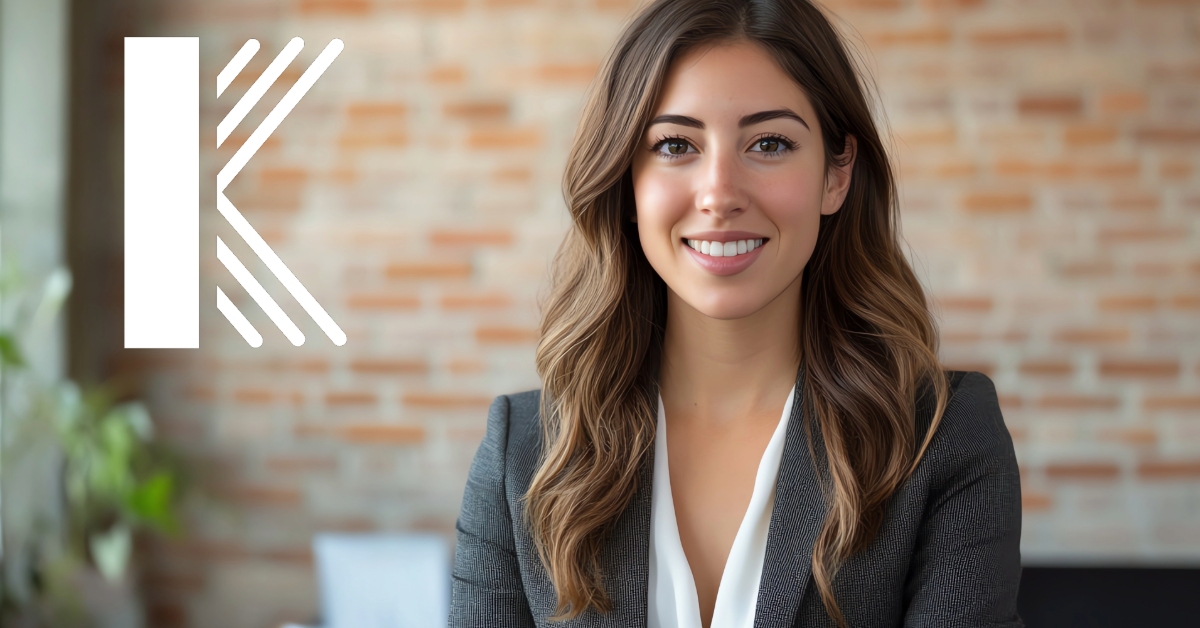 smiling young female financial advisor business owner with Kastner insurance logo displayed